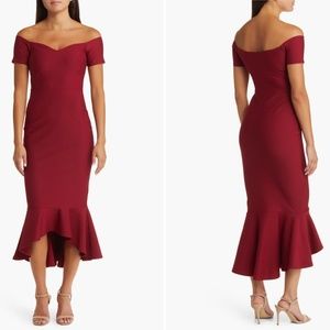 Lulu's How Much I Care Black Off-the-Shoulder Midi Dress - Wine Red
